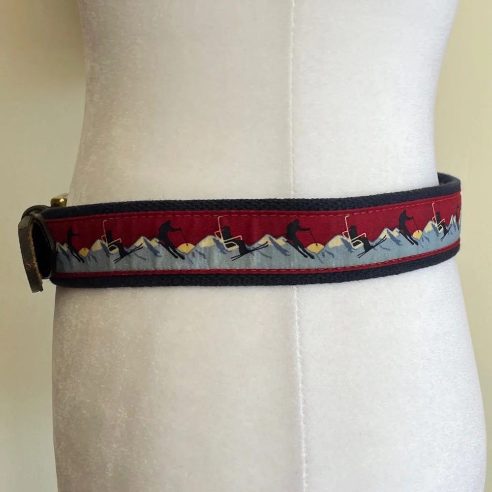 VINEYARD VINES Men's Ski Print Blue Brown Leather Canvas Belt Gold Buckle 30